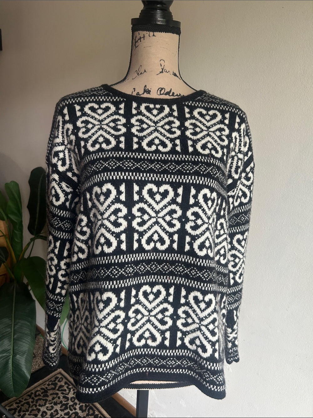 J. Jill Heart Print Wool Blend Black White Heart Sweater Size Medium